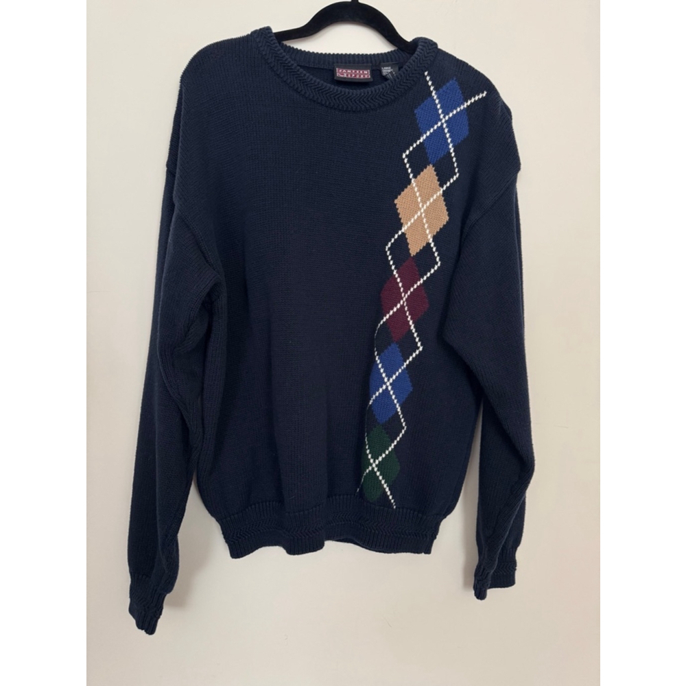 Vintage 90’s Men's Jantzen Sport Heavyweight Sweater Large Navy Argyle
